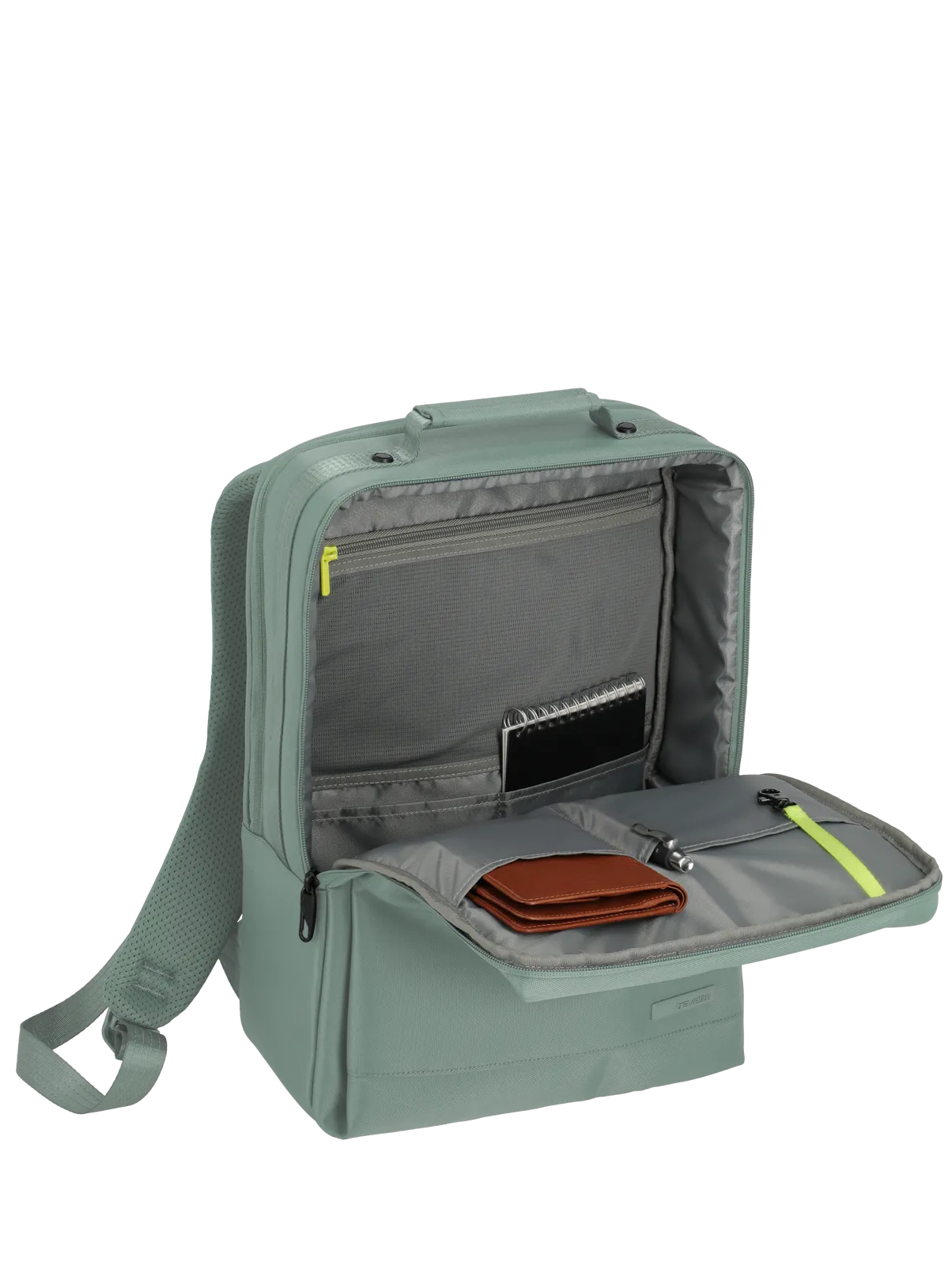 Organizer-Tasche in Mintgrün mit mehreren Fächern, geöffnet und bestückt mit Geldbörse, Notizbuch und Schlüssel