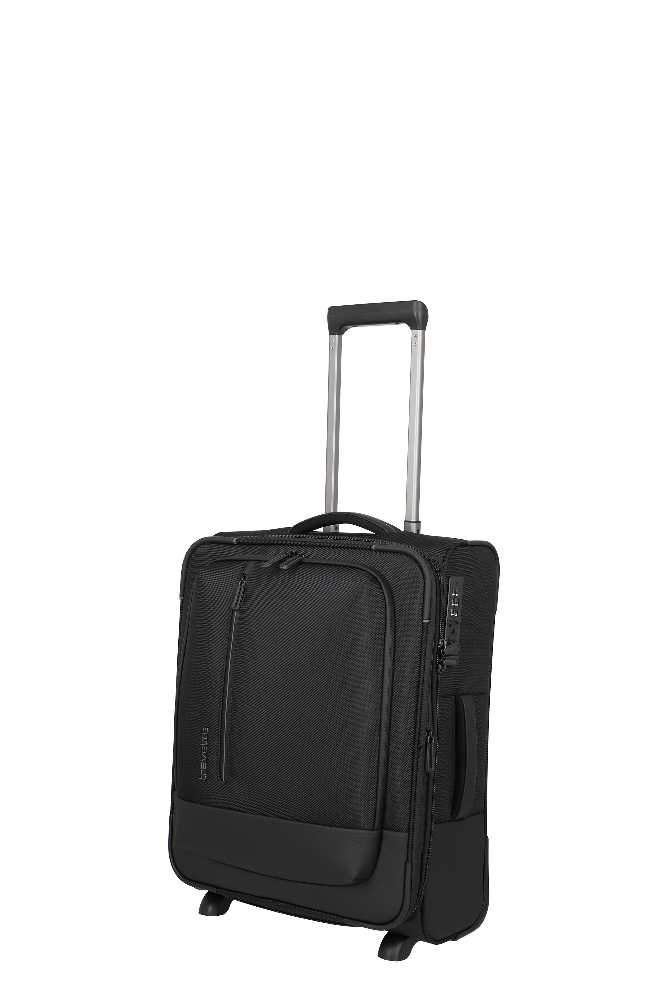 Schwarzer Rollkoffer mit Teleskopgriff und Vordertasche – ideal für Geschäftsreisen