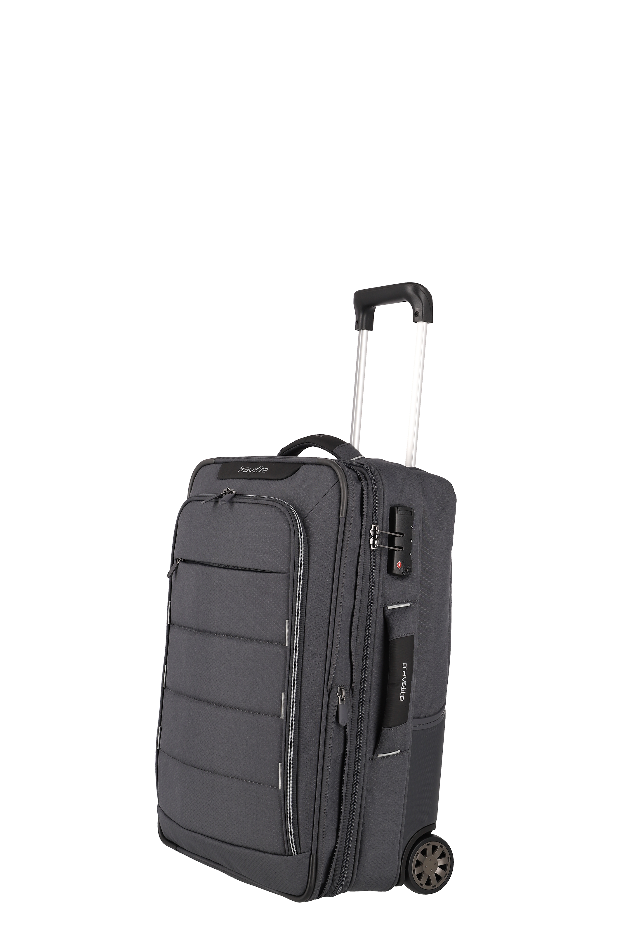 Leichter, schwarzer Trolley-Koffer mit Rollen und ausziehbarem Griff – ideal als Handgepäck für Flugreisen