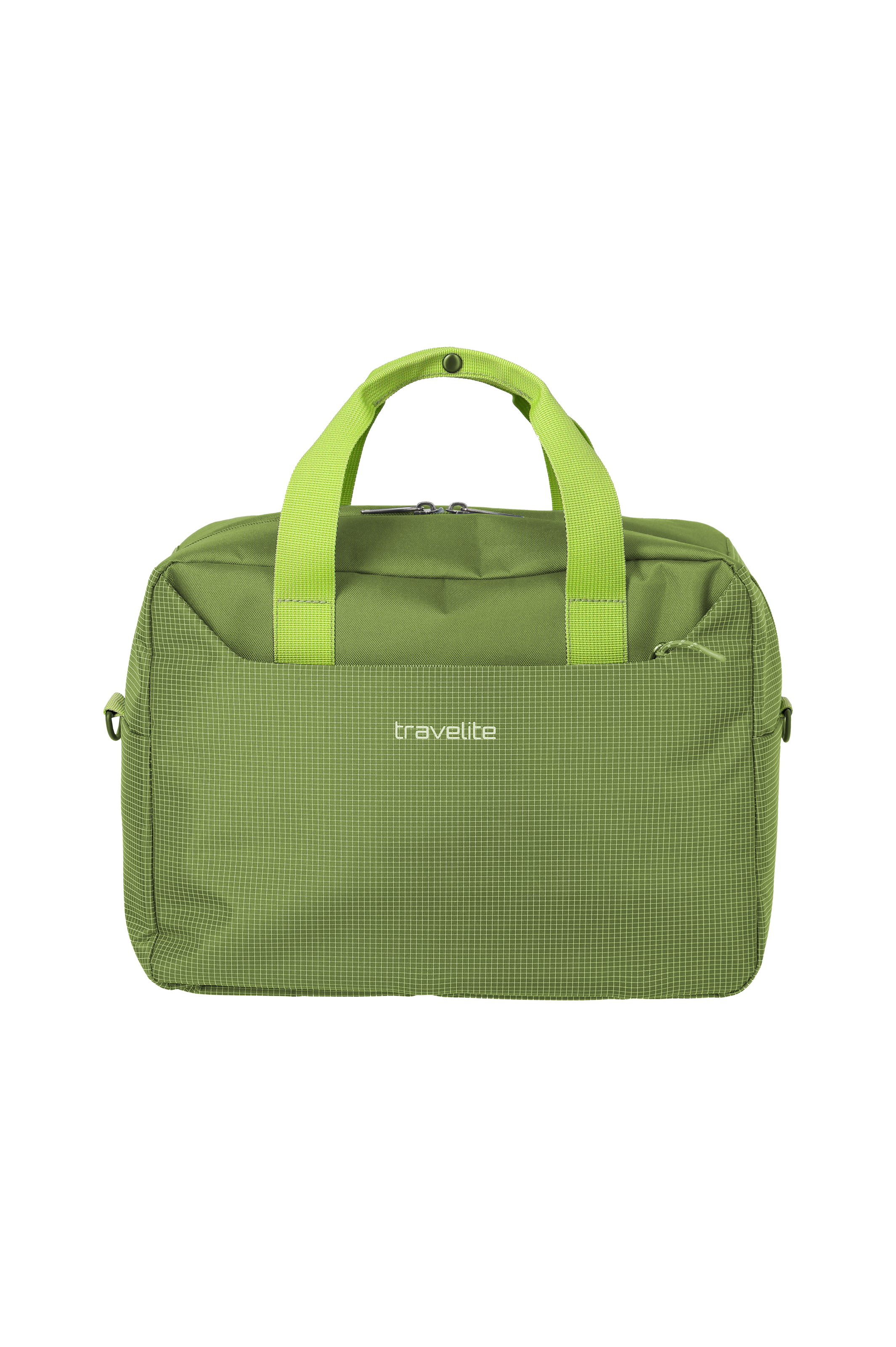 Una borsa da viaggio verde oliva di Travelite con manici verde chiaro e un sottile motivo a quadri bianchi sulla parte inferiore è mostrata frontalmente su uno sfondo nero. Sono visibili anche una cerniera e una piccola tasca esterna.