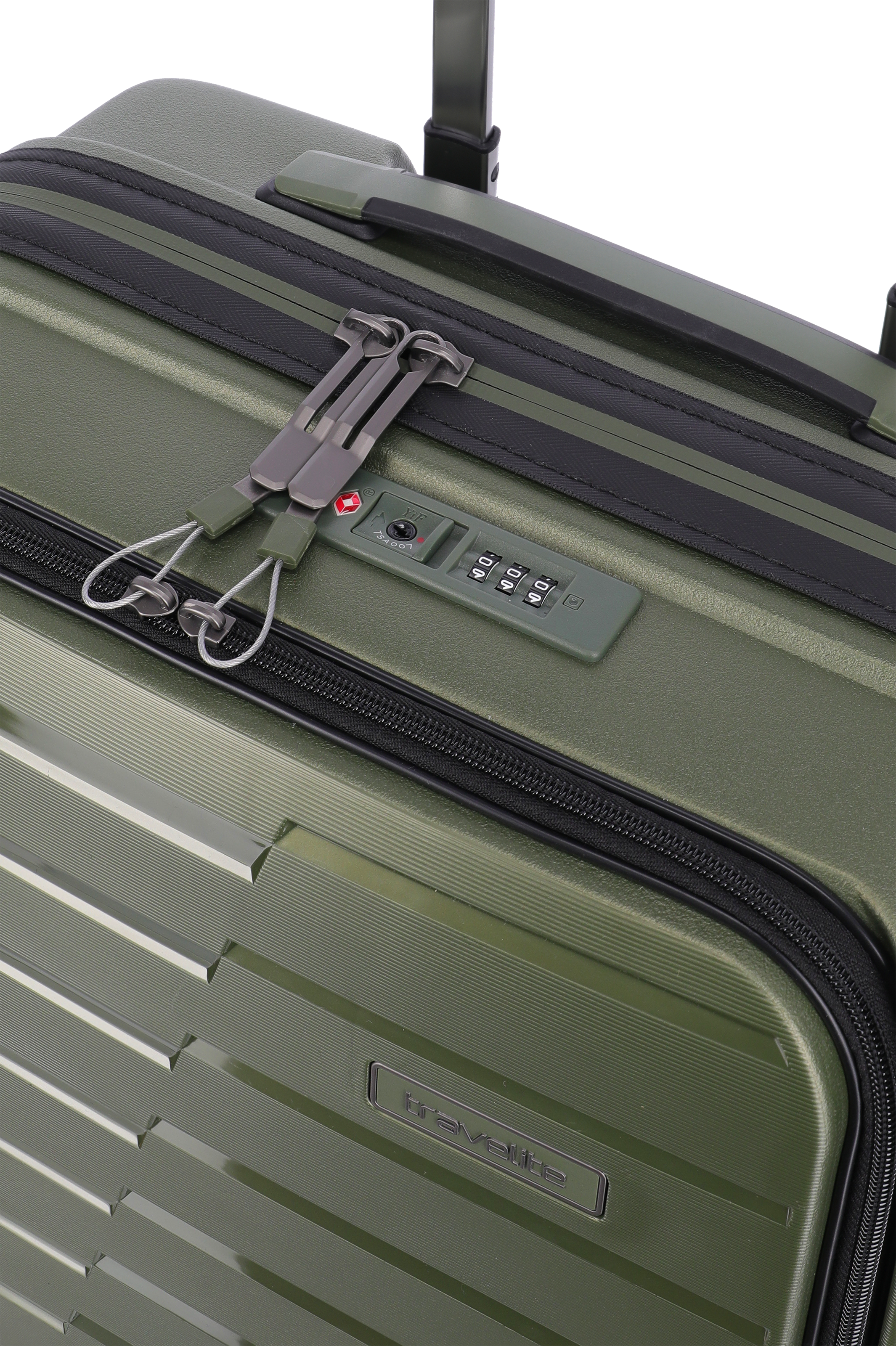 Detailansicht Travelite Hartschalenkoffer in Grün mit Zahlenschloss und Reißverschluss