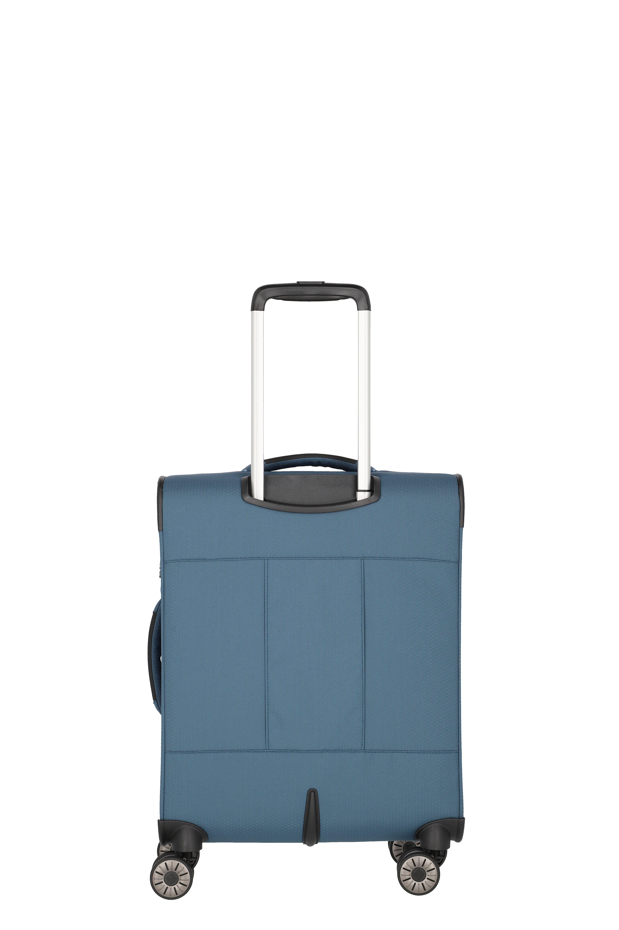 Blauer Trolley-Koffer mit vier Rollen und ausziehbarem Griff, Rückansicht