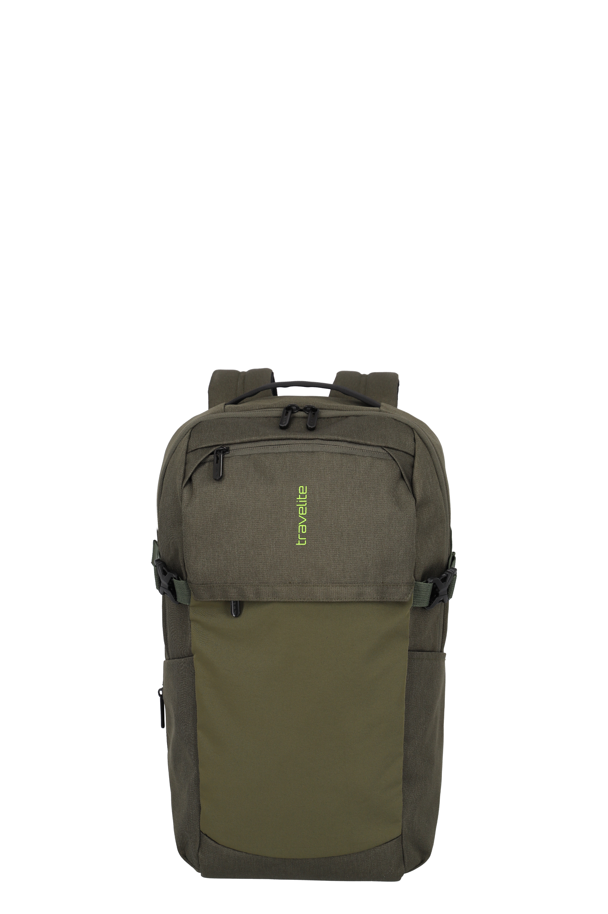 Olivegrüner Allround-Rucksack von TRAVELITE, frontal aufgenommen. Oben meliertes olivgrün, unten einfarbig dunkleres olivgrün. Mehrere Reißverschlüsse sichtbar. Auf dem oberen Teil steht "travelite" in hellgrüner Schrift.