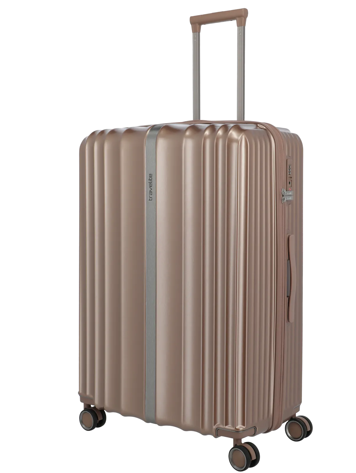 Travelite Hartschalenkoffer in Roségold mit vier Doppelrollen und Teleskopgriff