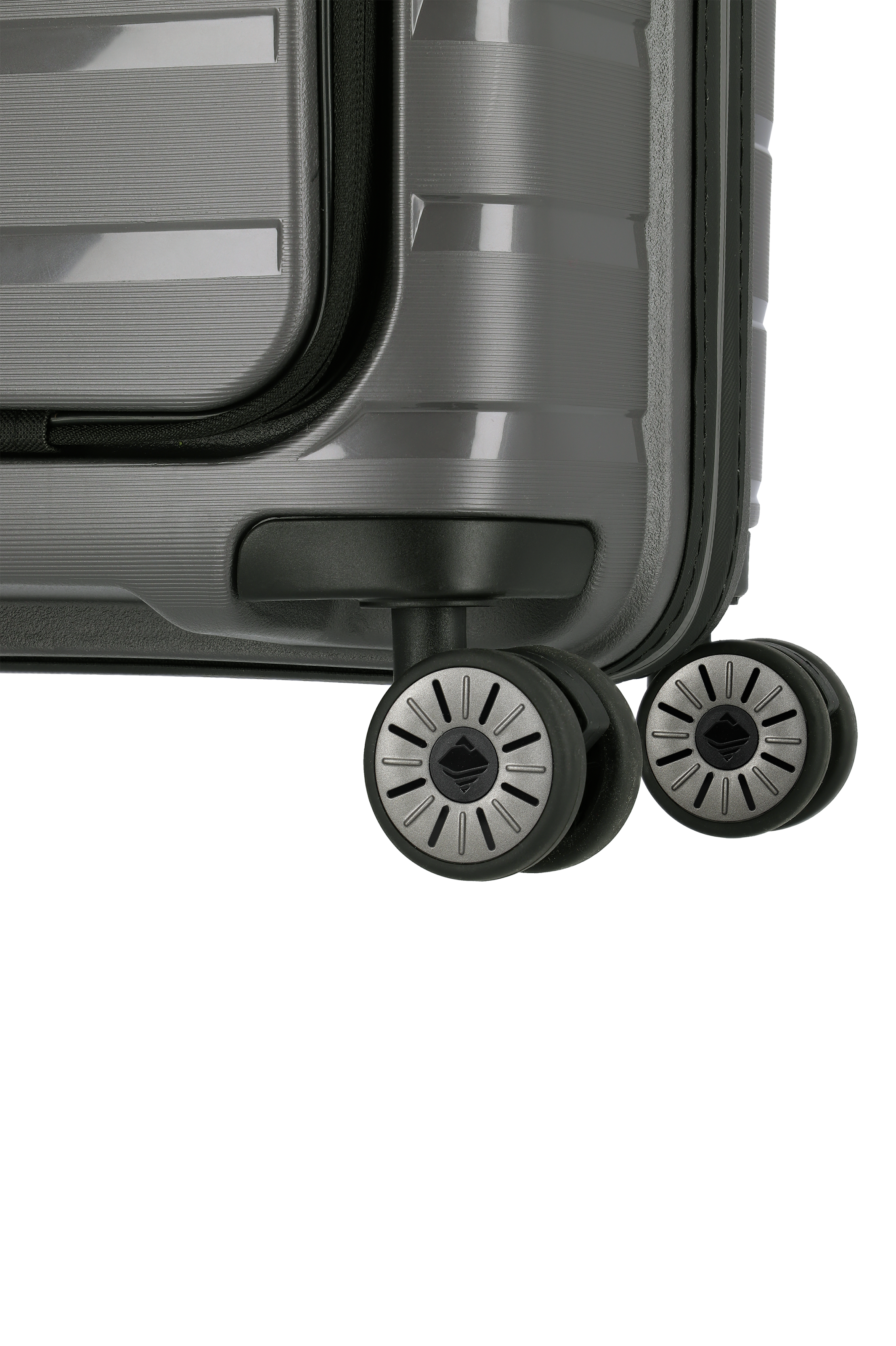 Detailansicht Doppelrollen eines robusten Hartschalenkoffers in Grau