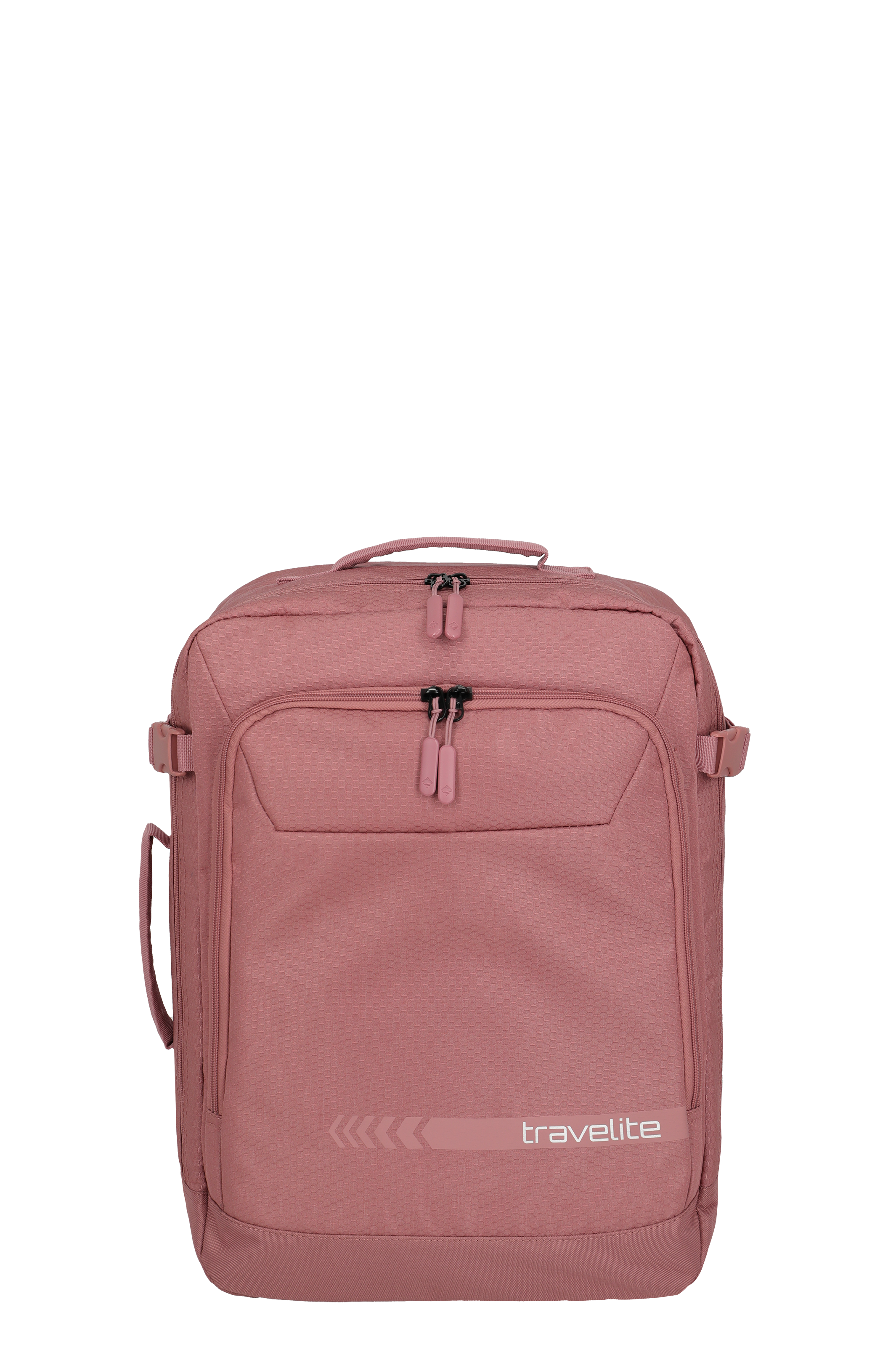 Sac à dos Multibag rose de TRAVELITE avec deux compartiments zippés. Le logo de la marque est imprimé sur le devant. Le sac à dos a des poignées et des éléments de fixation sur le côté.