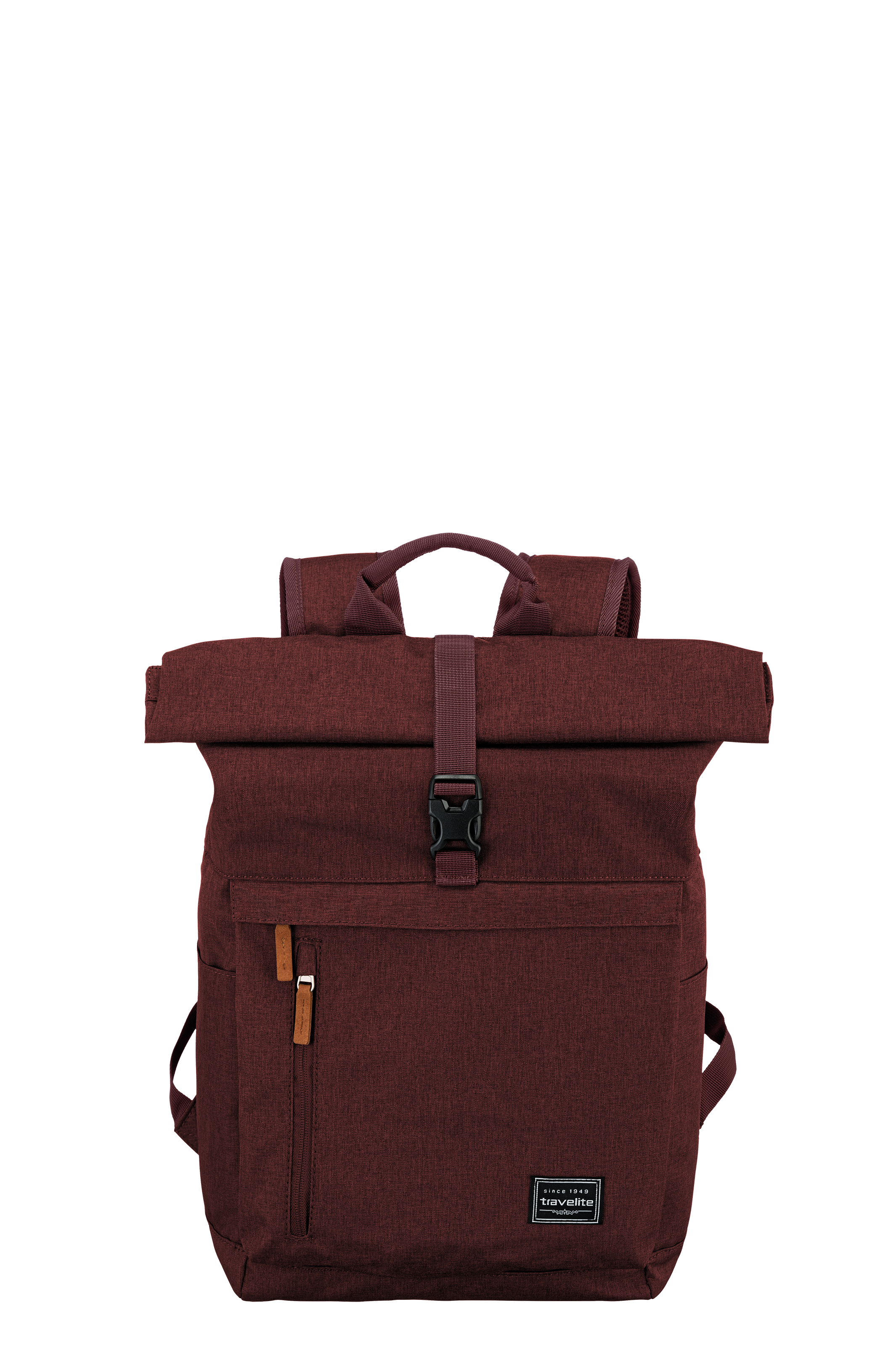 Bordeaux red roll-top rucksack with adjustable straps and front pocket
