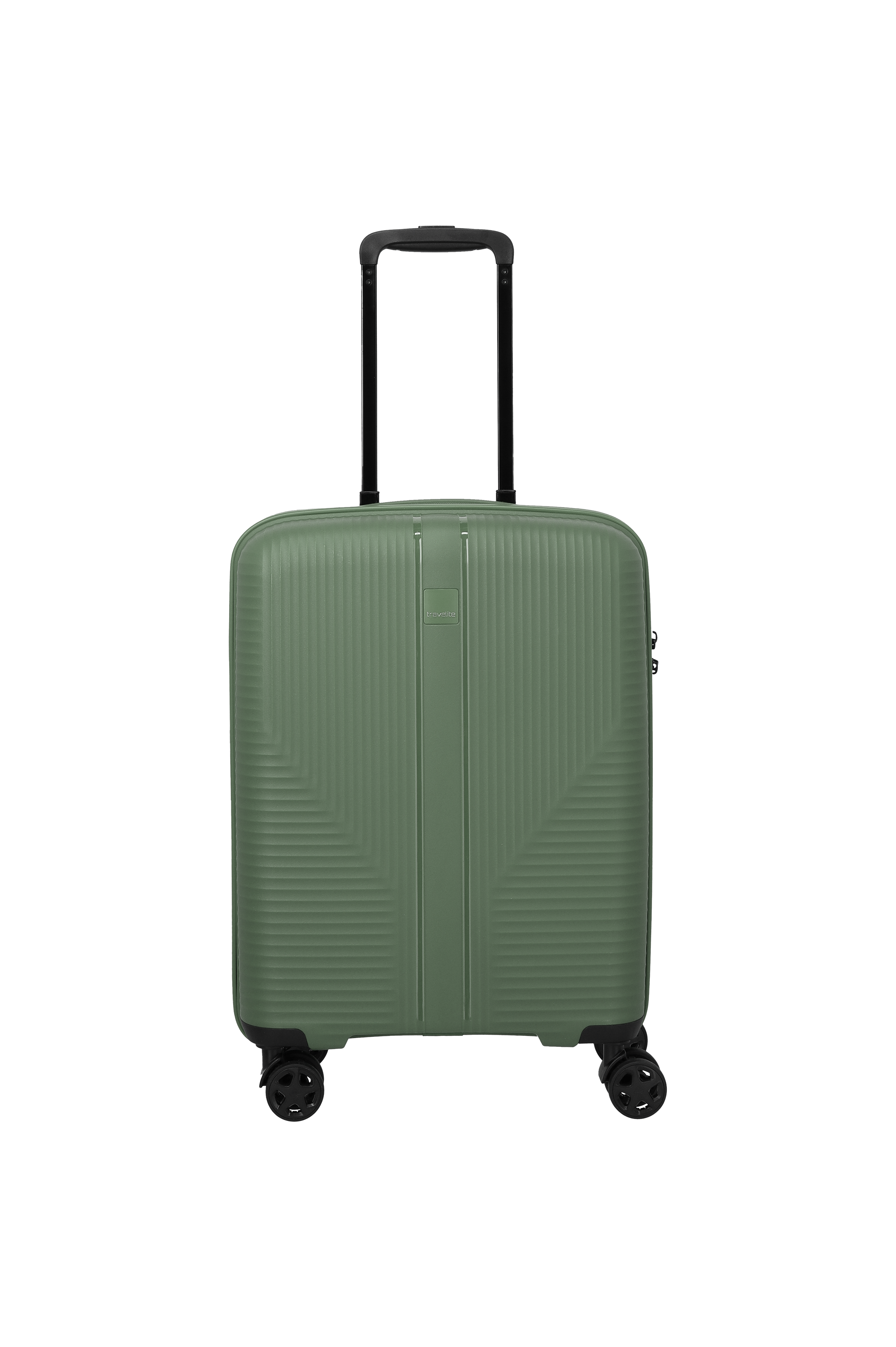 Frontansicht eines olivgrünen, mittelgroßen TRAVELITE Koffers, der Teil eines 3-tlg. Koffersets ist, mit schwarzem Teleskopgriff, vier schwarzen Rollen und einem dezenten, geometrischen Muster auf der Vorderseite.