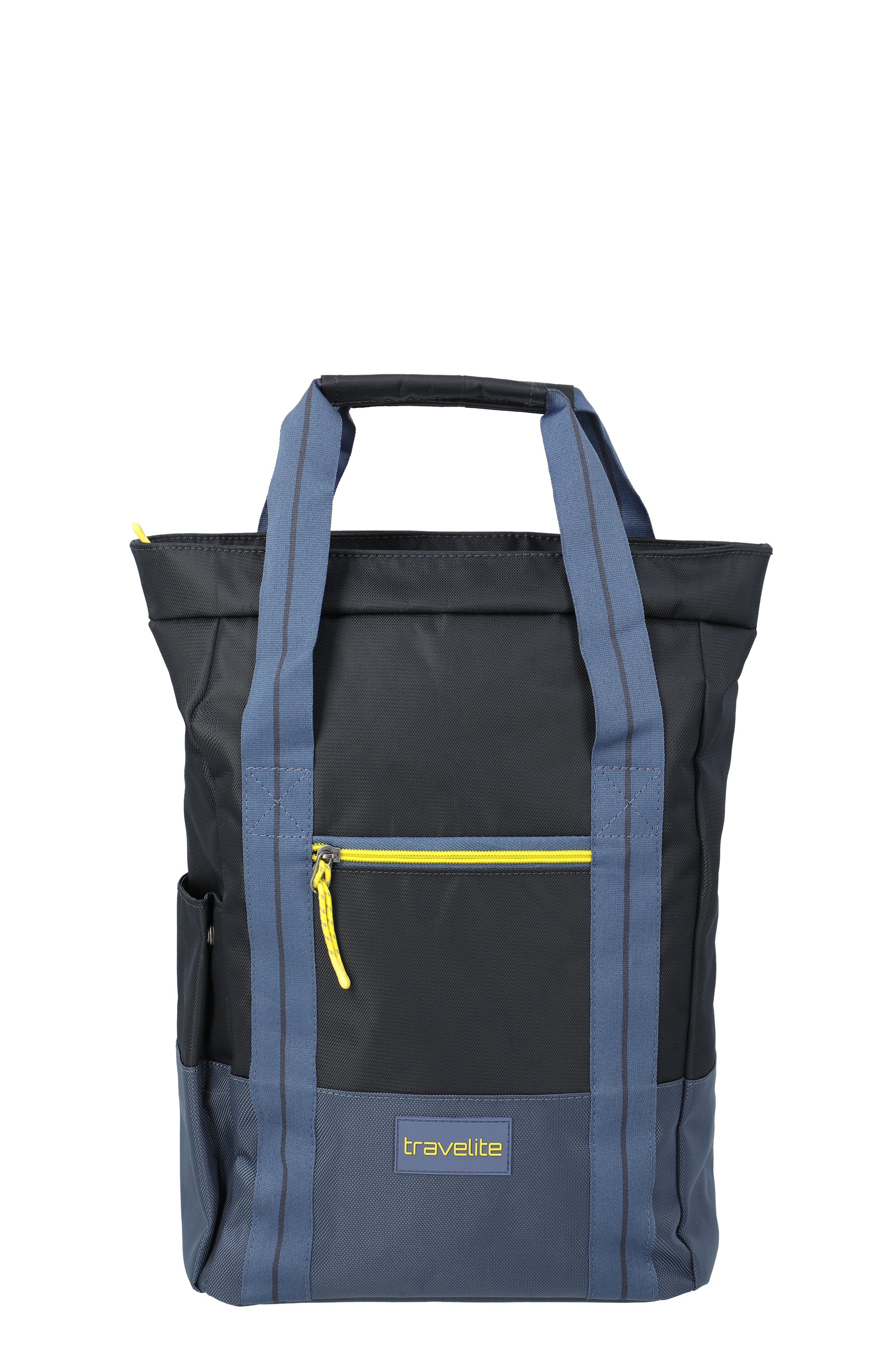 Moderno zaino Travelite in nero e blu con cerniera gialla e tasca frontale, ideale per l'uso quotidiano e per i viaggi