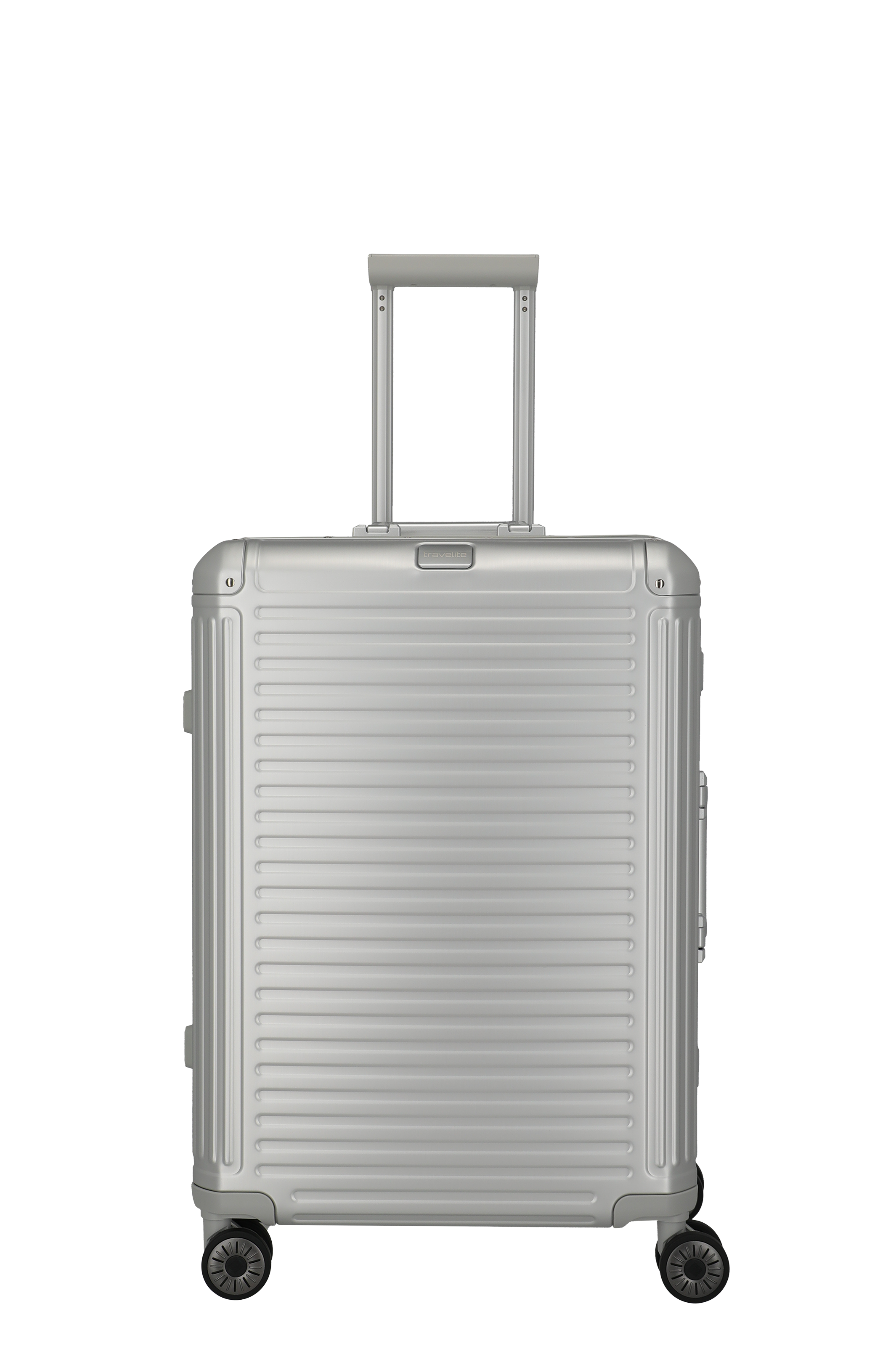 Valise argentée avec coque dure robuste, poignée télescopique et quatre roulettes pivotantes, parfaite pour les grands voyageurs
