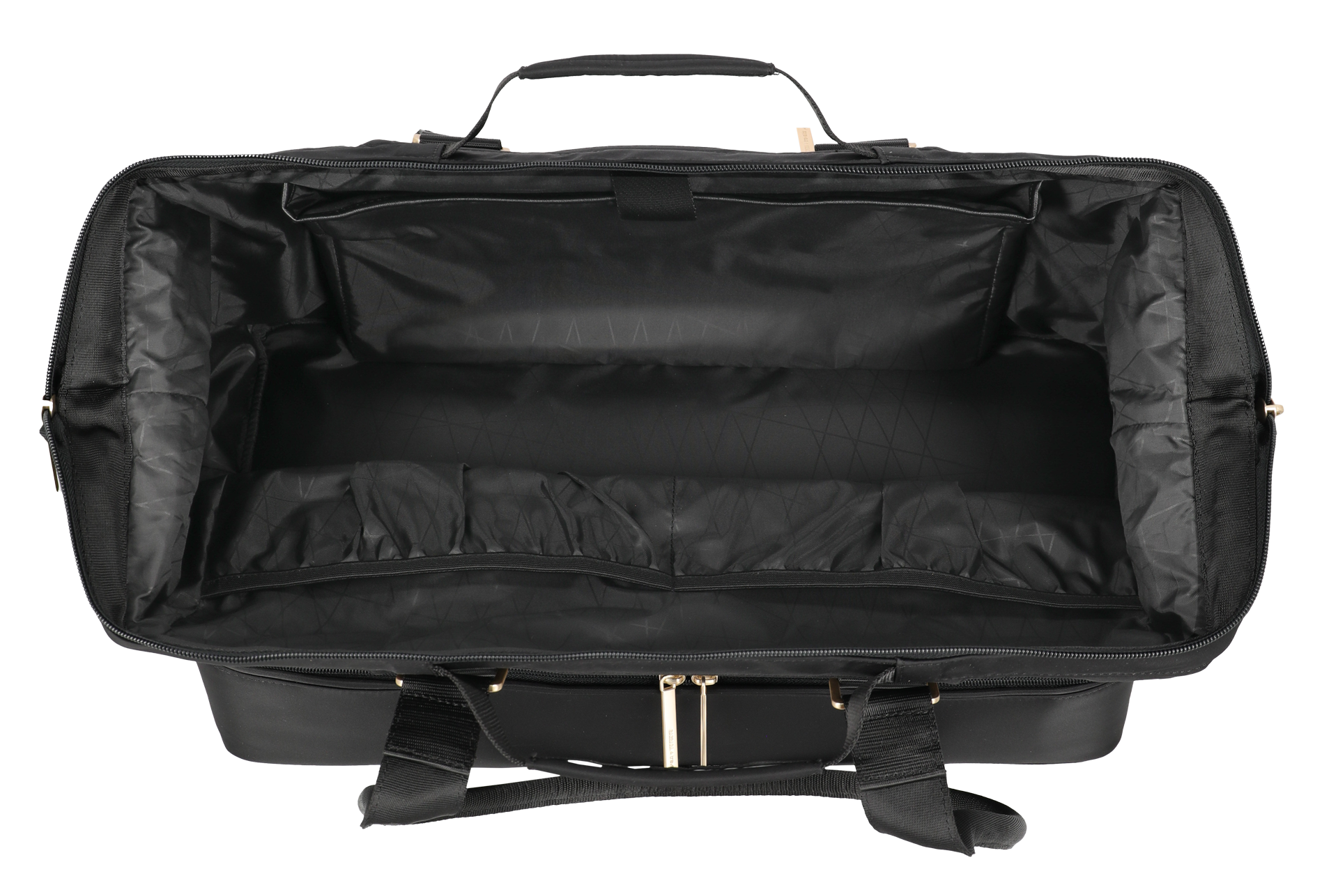 Große schwarze Reisetasche mit weit geöffnetem Hauptfach, praktische Innenfächer für Ordnung Offene schwarze Reisetasche mit geräumigem Innenraum und Fächern, ideal zum Verstauen von Kleidung und Zubehör