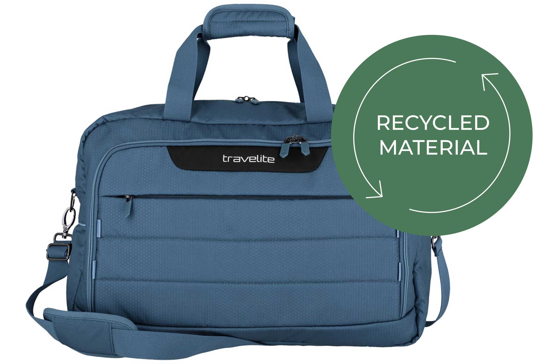 Travelite Reisetasche aus recyceltem Material - Nachhaltiges Design, blau Blaue Travelite Reisetasche mit Reißverschlüssen, hergestellt aus recyceltem Material, umweltfreundlich und stilvoll.