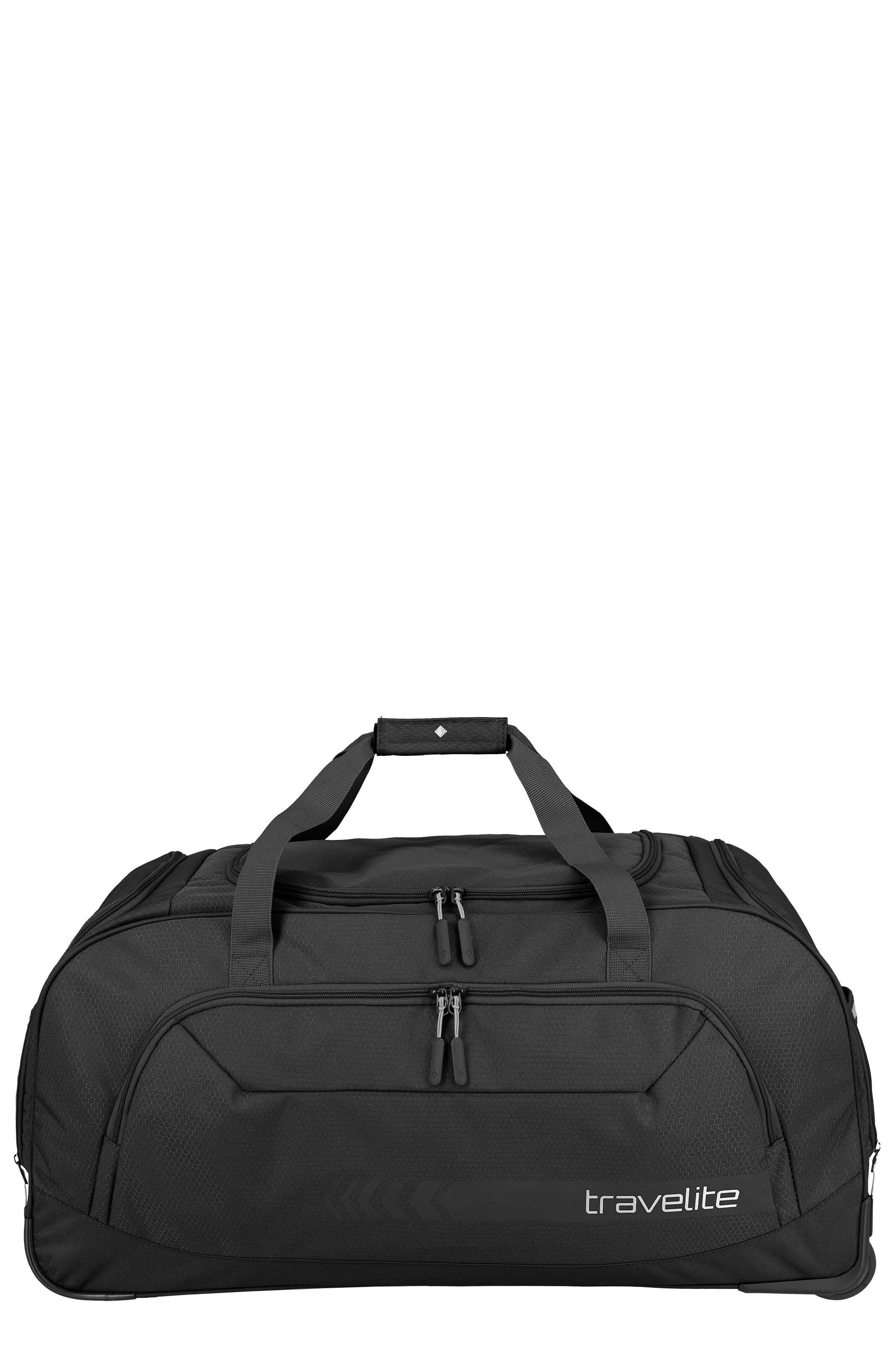 Black TRAVELITE XL wheeled travel bag, taken diagonally from the bottom left. Telescopic handle extended. Carrying handles are visible in the centre. Several zips and small compartments are visible. Logo bottom left. Black background.