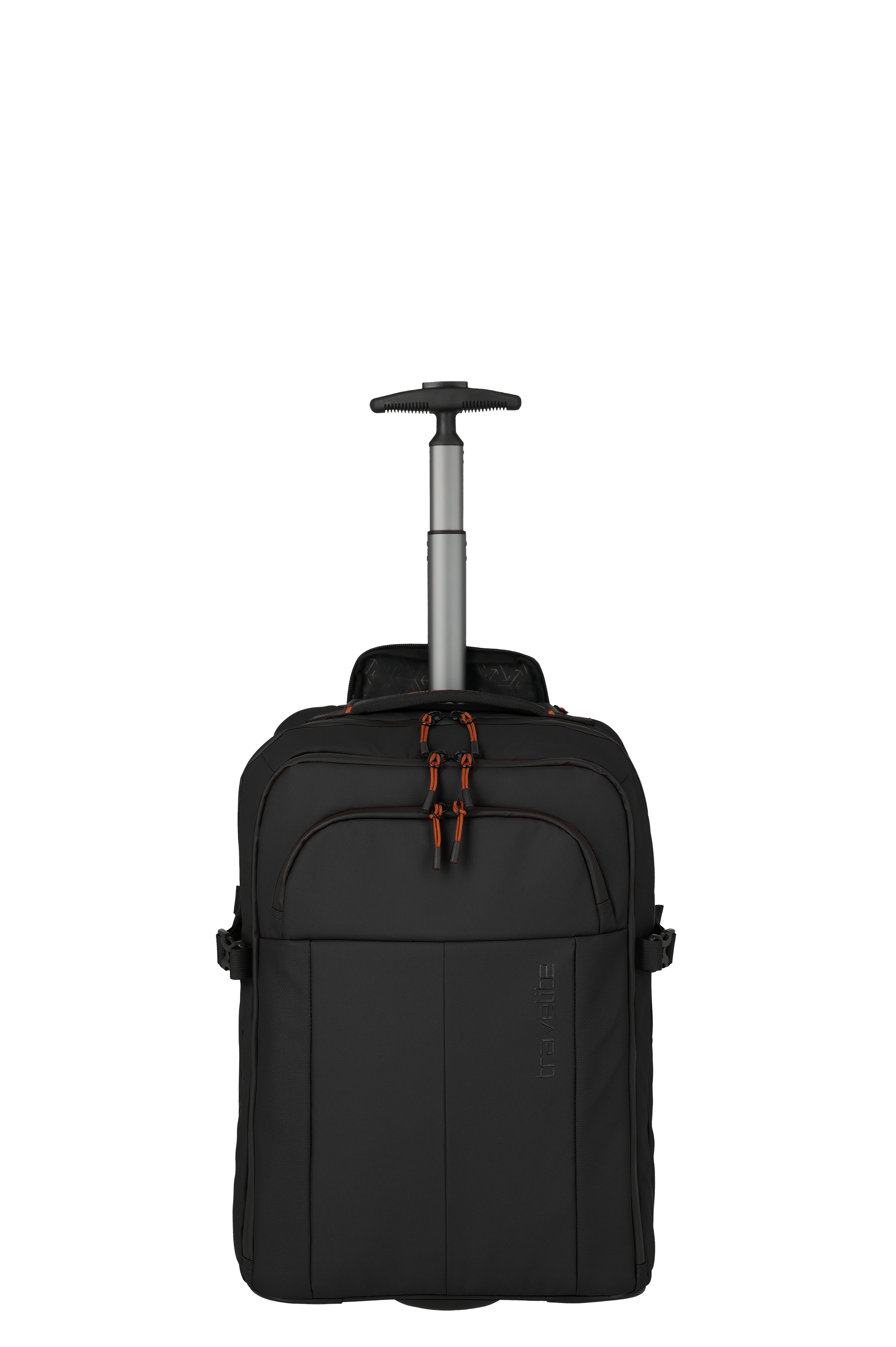 Trolley Backpack noir de TRAVELITE avec poignée télescopique de couleur argentée. Des détails orange ornent les fermetures éclair et la poche avant. Le trolley se tient debout sur un fond noir.