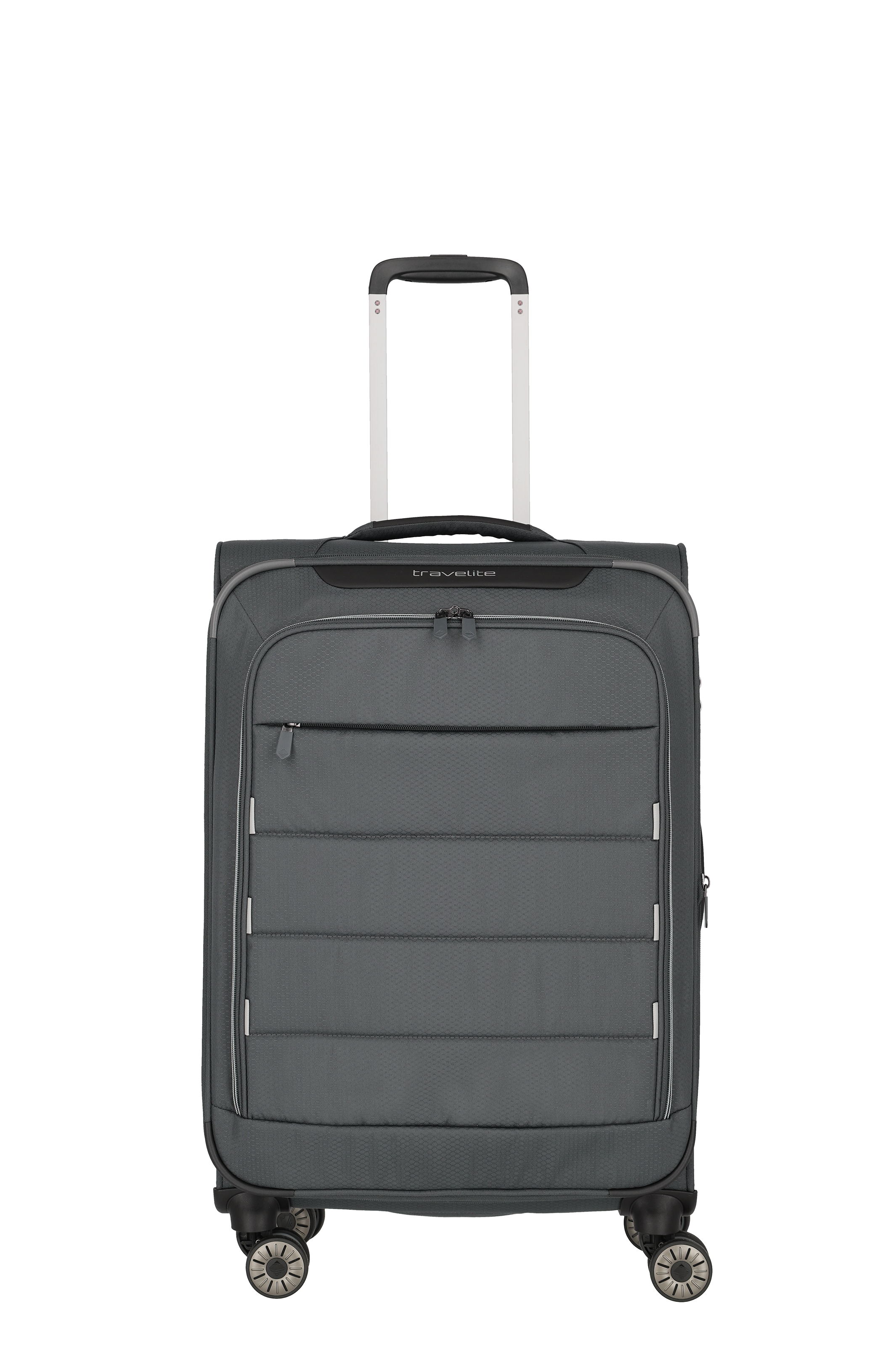 Travelite Rollkoffer in Dunkelgrau mit vier Rollen und Teleskopgriff – ideal für Reisen Abbildung eines dunkelgrauen Travelite Rollkoffers mit vier Rollen, Fronttasche und ausziehbarem Teleskopgriff, stehend auf hellem Hintergrund