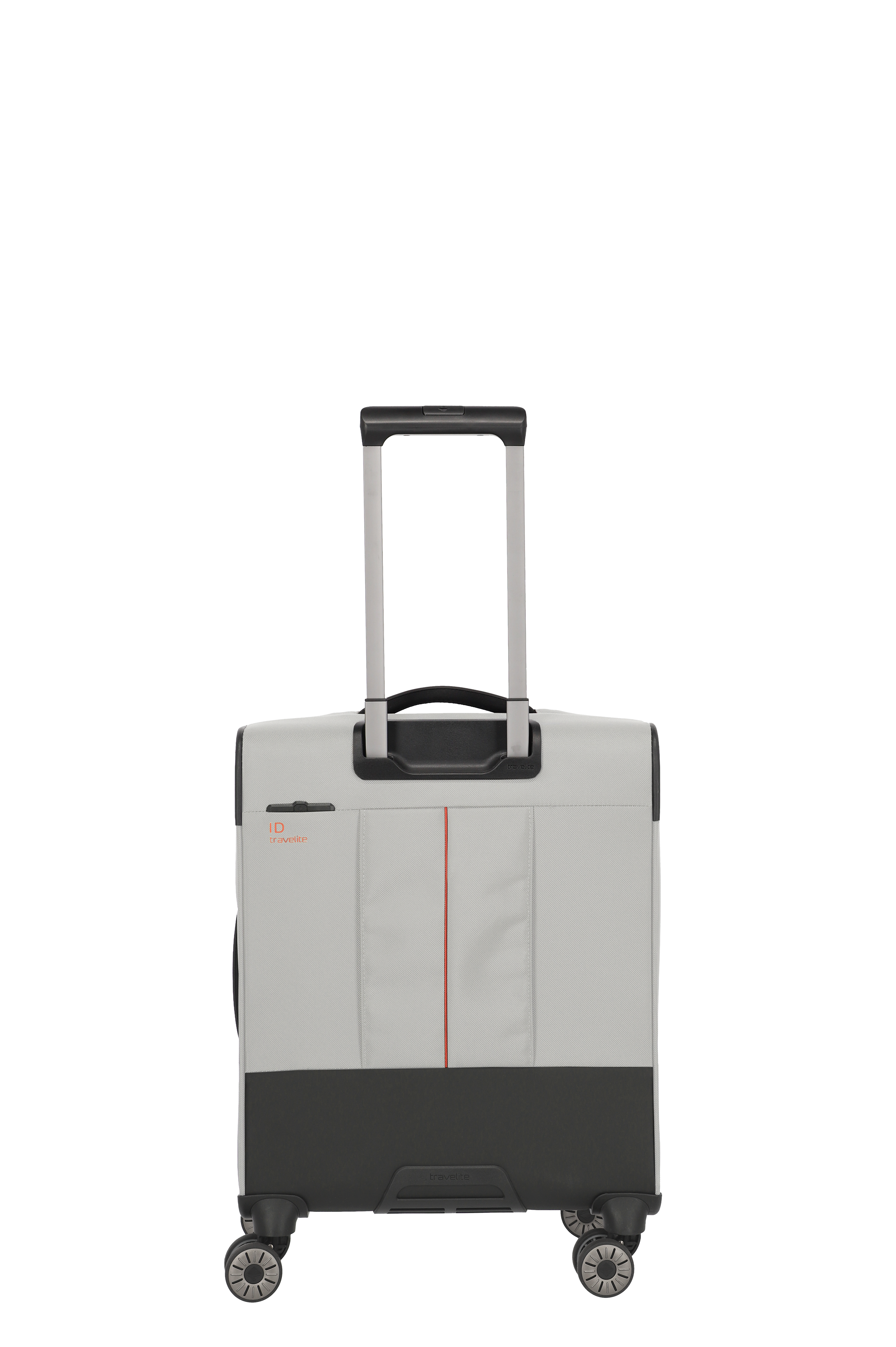 Leichter grauer Trolley-Kabinenkoffer mit vier Rollen und Teleskopgriff