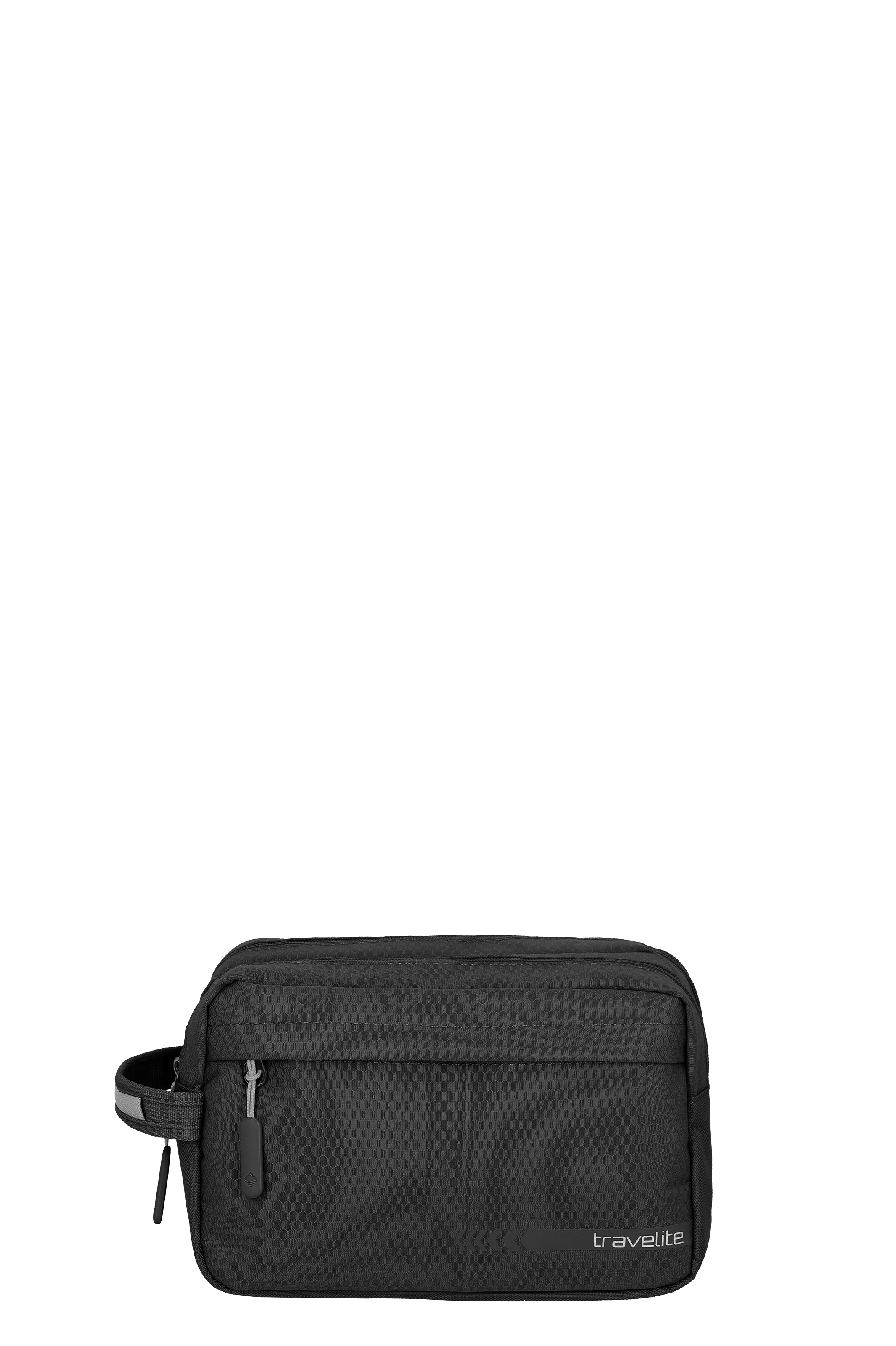 La borsa da toilette TRAVELITE nera è dotata di due scomparti. Ha una maniglia per il trasporto con elemento riflettente e cerniere. Il logo TRAVELITE è raffigurato sul davanti. La borsa ha una texture fine ed esagonale.