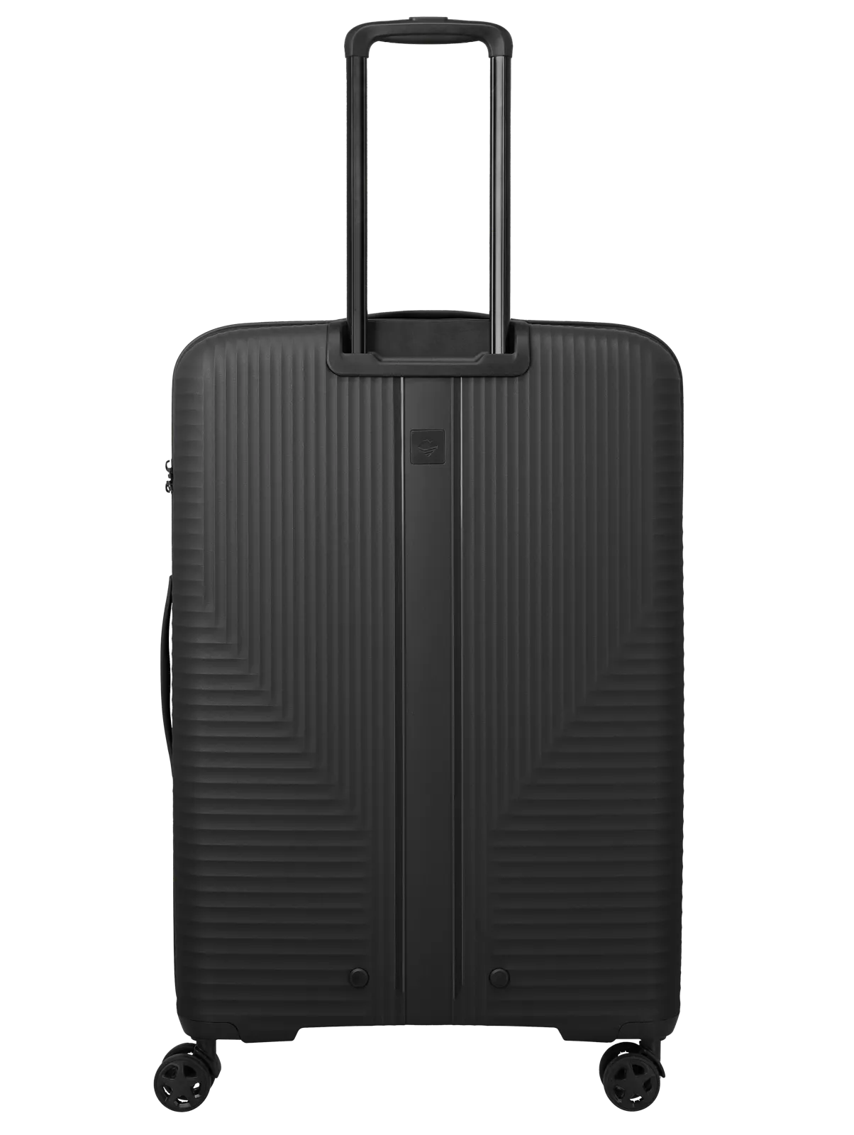 Großer schwarzer Hartschalenkoffer mit Teleskopgriff und vier Rollen