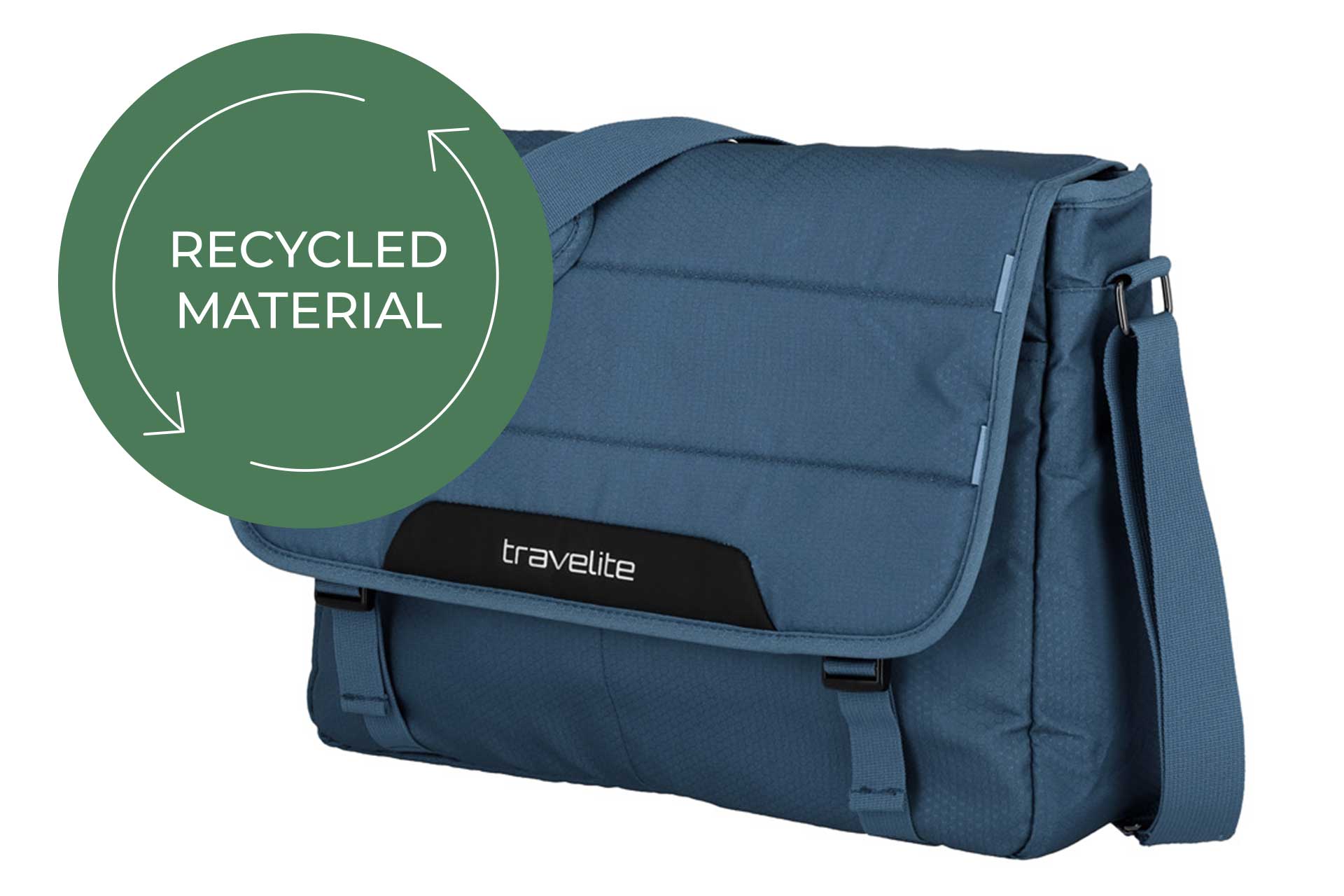Nachhaltige Umhängetasche aus recyceltem Material in Blau Blaue Umhängetasche von Travelite, hergestellt aus recyceltem Material, mit verstellbarem Schultergurt und Klappe mit Klettverschluss.