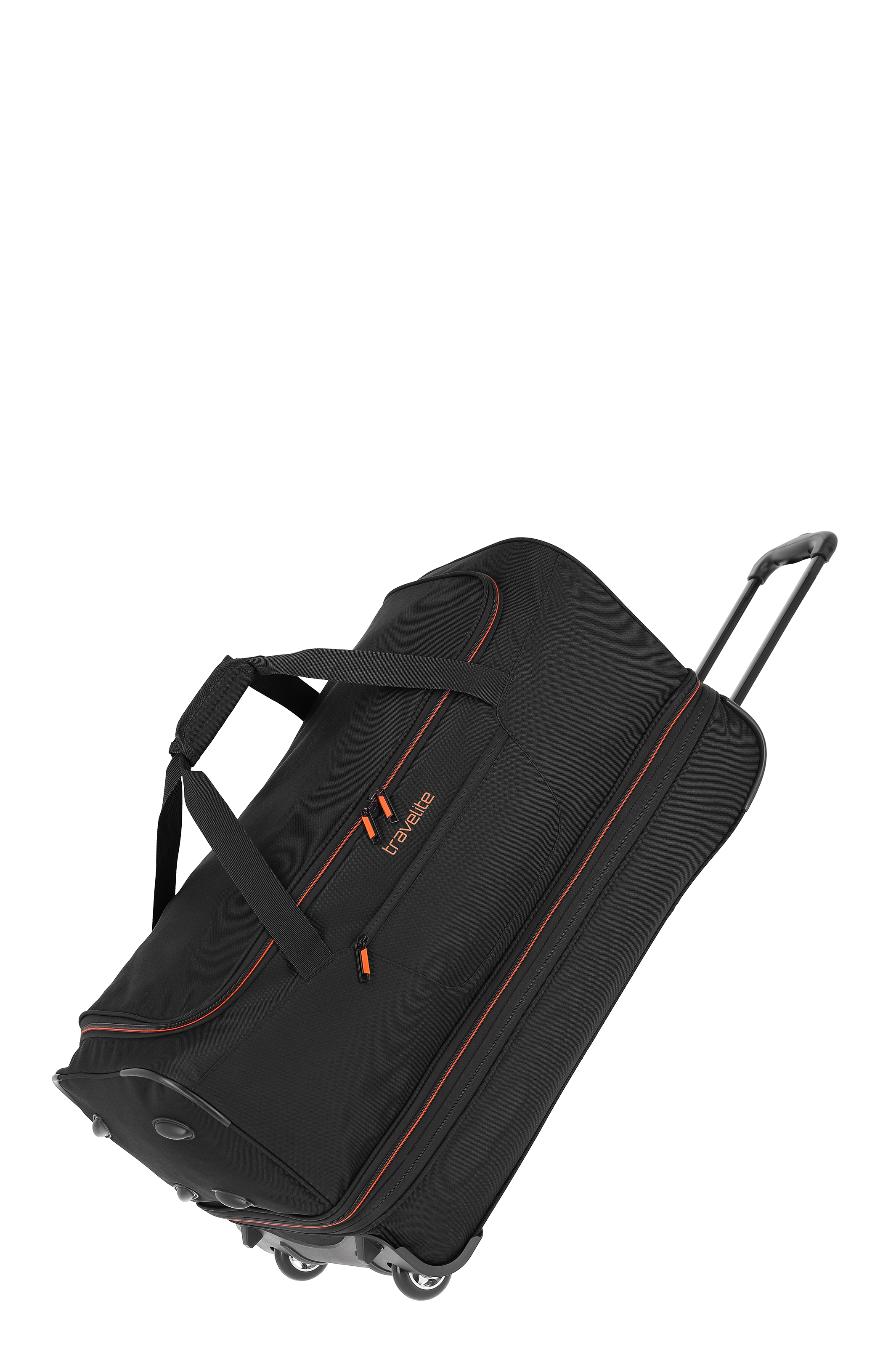 Borsa trolley TRAVELITE nera diagonale su sfondo grigio, accenti e cerniere in arancione. Con maniglie per il trasporto e maniglia estraibile, piccole ruote visibili sulla base.