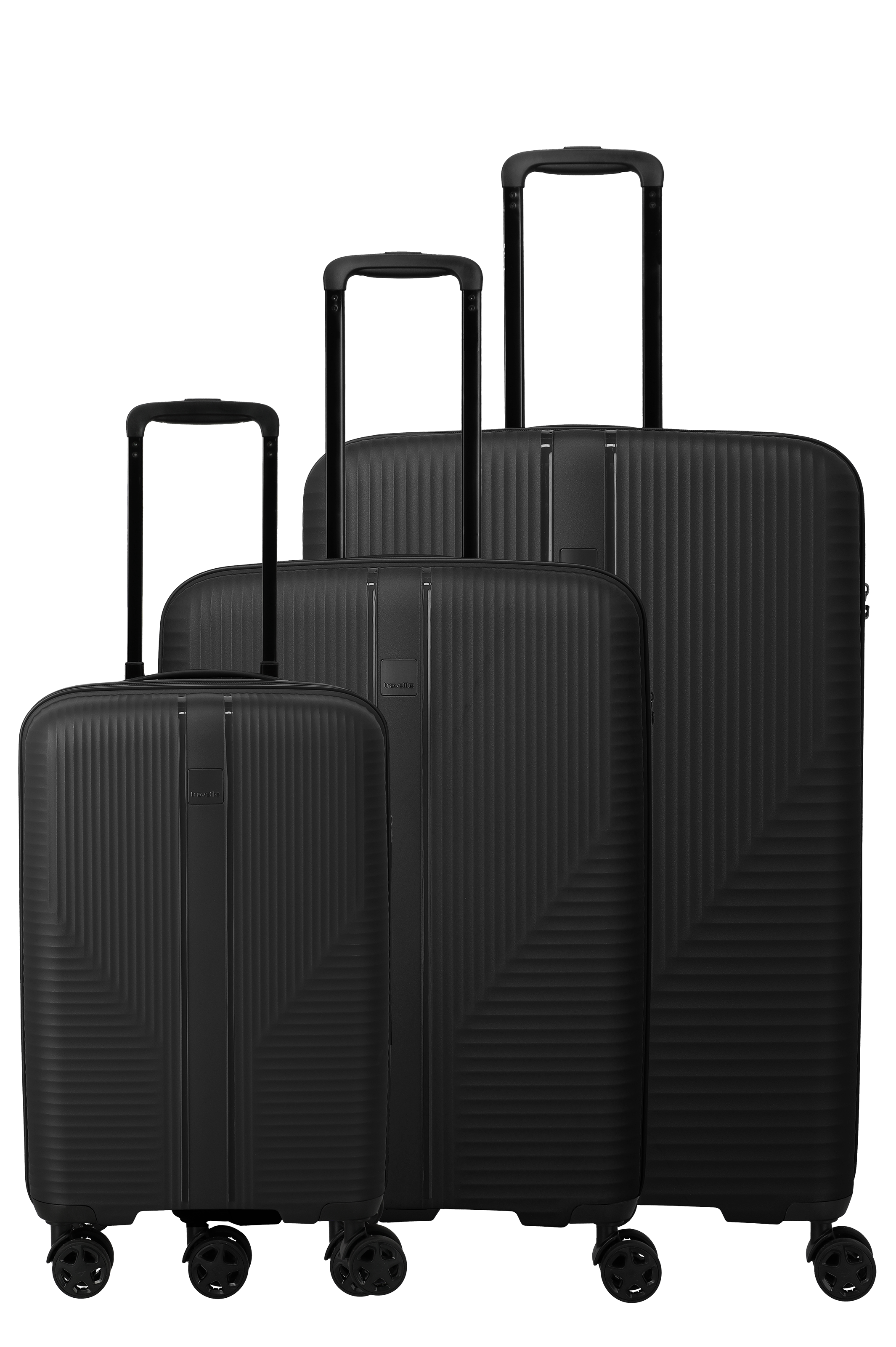Three black TRAVELITE suitcase set, sizes L, M and S, lined up from small to large. Each suitcase has a telescopic handle and four double castors. The surface is textured with vertical lines.