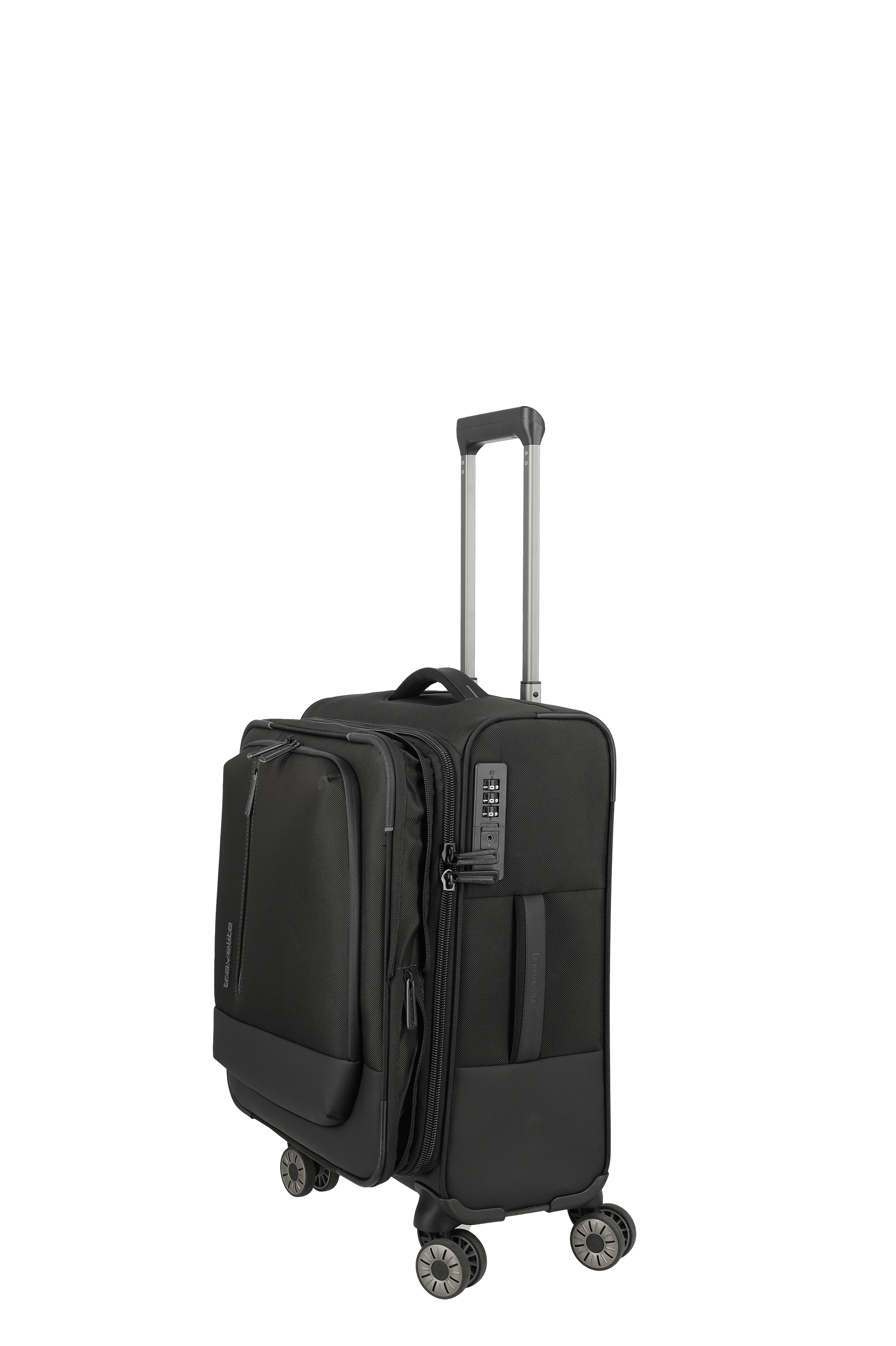 Schwarzer Trolley-Koffer mit vier Rollen und ausziehbarem Teleskopgriff