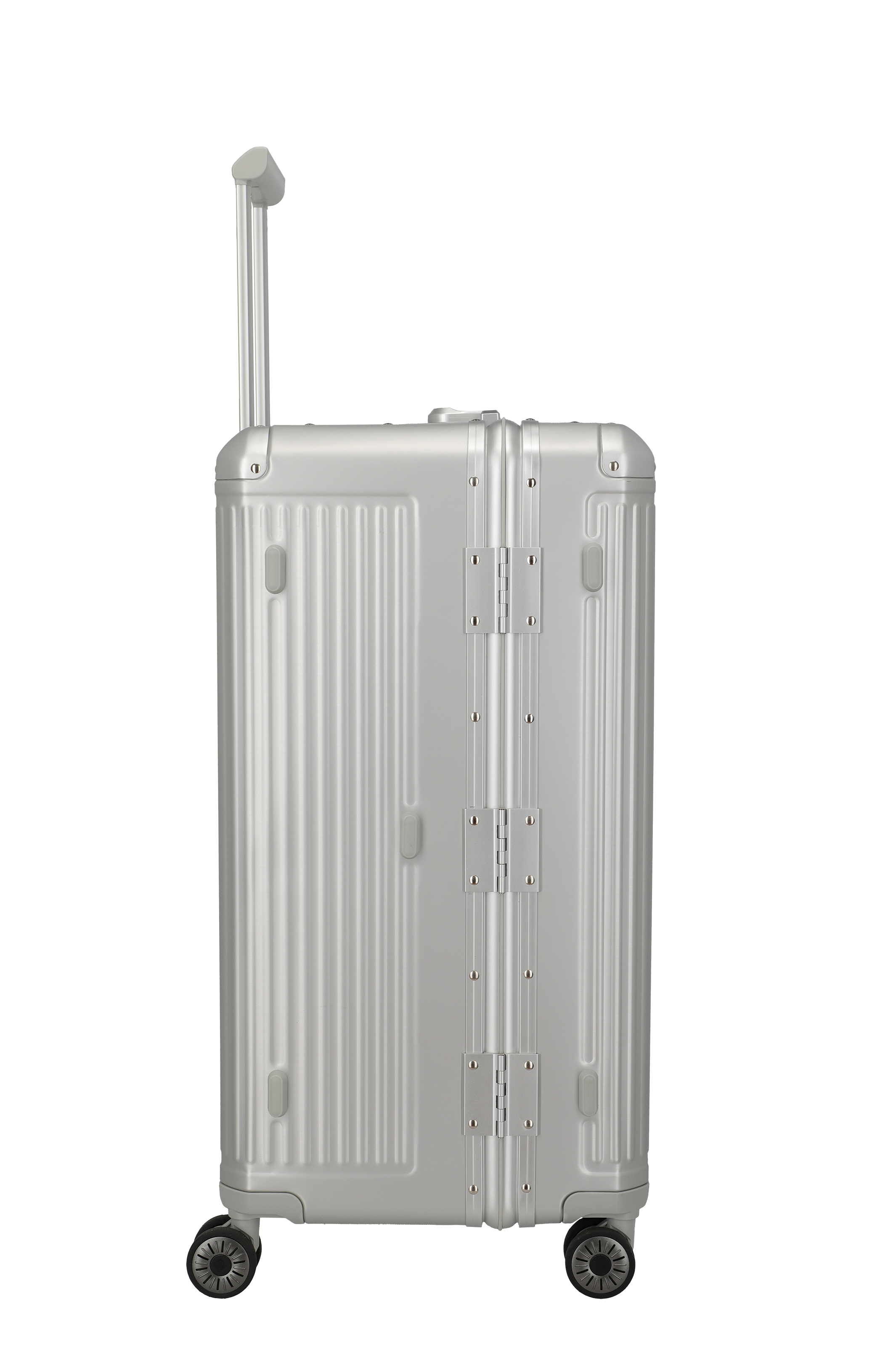 Hochwertiger silberner Hartschalenkoffer mit Teleskopgriff und vier Rollen – Seitenansicht