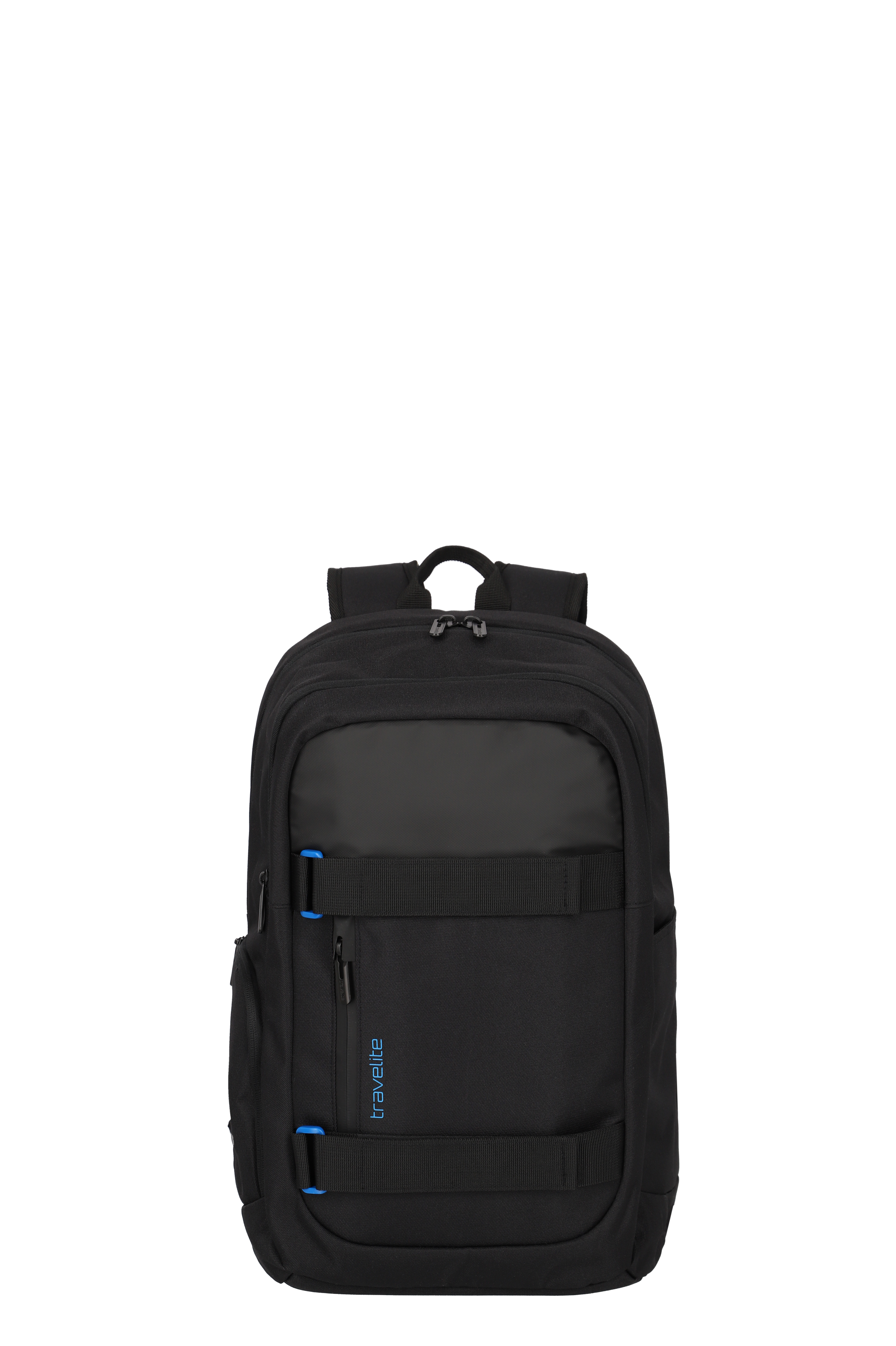 Zaino TRAVELITE nero, vuoto, con fronte e centro su sfondo nero. Due cinghie orizzontali ornano la parte anteriore, accentuate da elementi di fissaggio blu. Sono visibili le cerniere superiori e una tasca laterale.