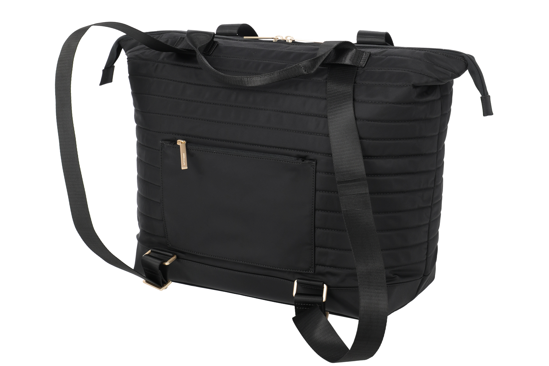 Schwarze gesteppte Schultertasche mit Reißverschluss und Fronttasche Abbildung einer schwarzen, gesteppten Schultertasche mit Reißverschluss und praktischer Fronttasche