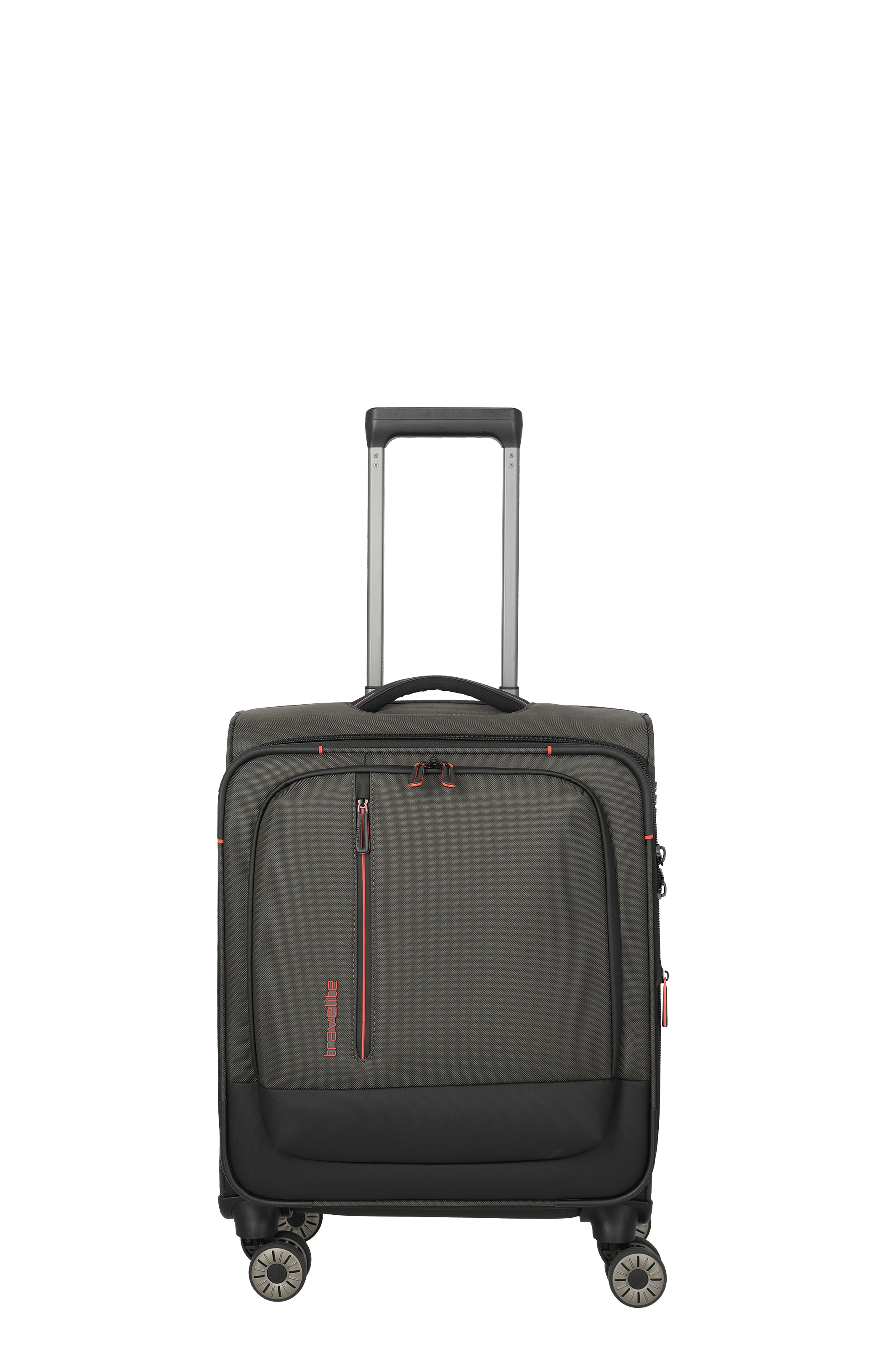 Travelite Handgepäck Koffer mit 4 Rollen und Teleskopgriff in Anthrazit Anthrazitfarbener Travelite Handgepäck Koffer mit vier Rollen, Fronttasche und Teleskopgriff, ideal für Reisen