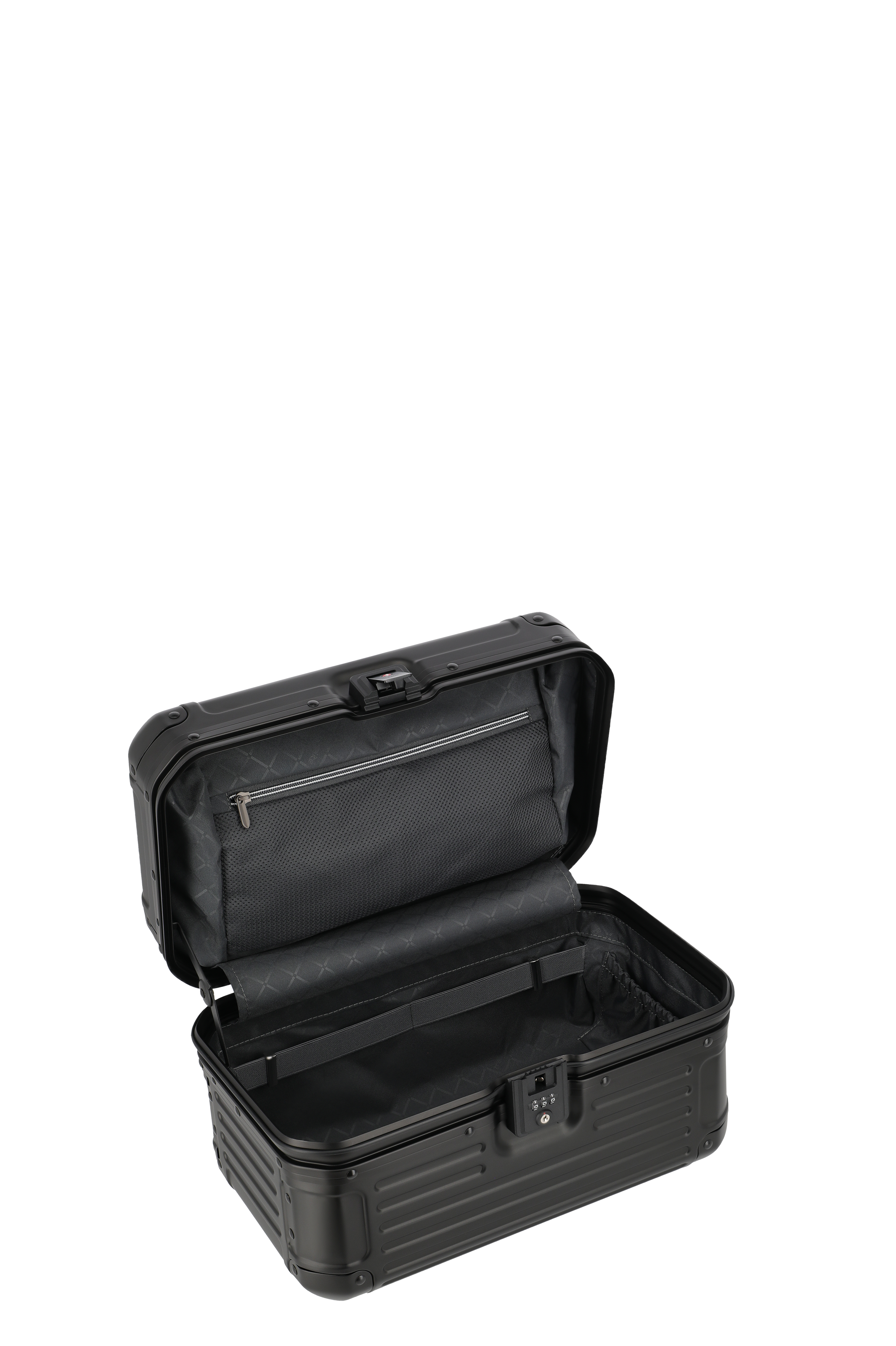 Schwarzer Hartschalenkoffer geöffnet – Innenansicht mit Netzfach und Spanngurt